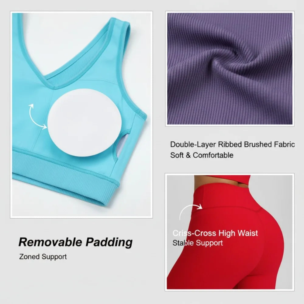 3 Piece Tracksuit Set - Jacket + Push Up Sports Bra + High Waist Leggings, Gym Workout Activewear Training, Yoga, Fitness Women