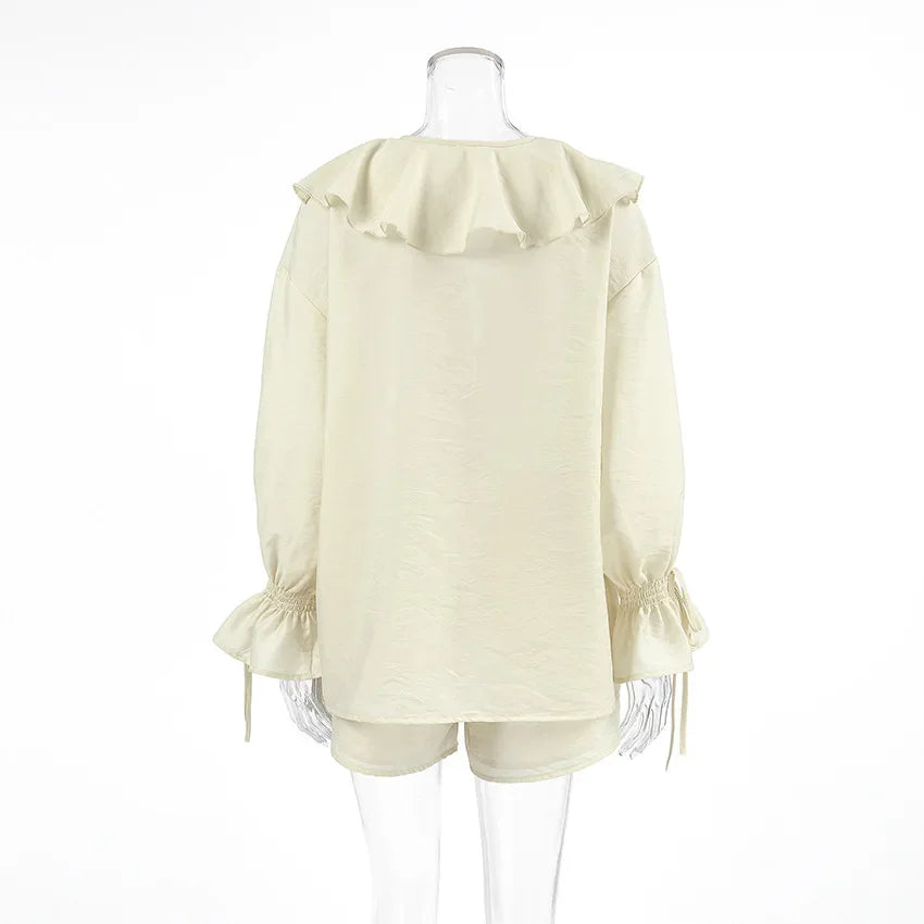 Casual Shorts Two-piece Set For Women Ruffled Loose Tie Top Simple Shorts Set OL Office Lady Summer Female Shorts Suit