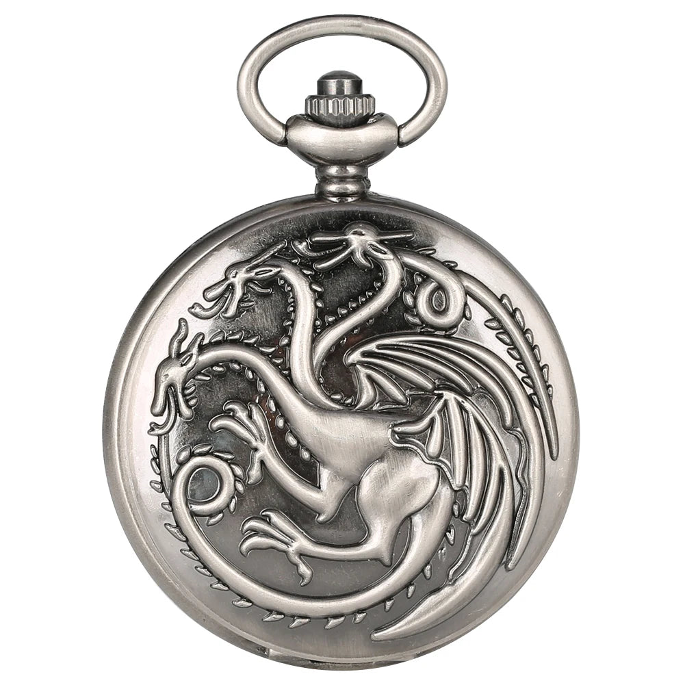 Retro Gray Three-headed Fire Dragon Necklace Quartz Pocket Watch Men Antique Nordic Amulet Pendant Women Game Movie Jewelry Hour Image principale du produit