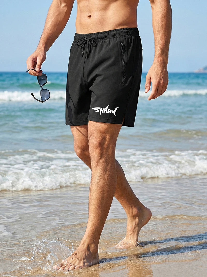 Shark Graphic Men's Board Shorts Summer Casual Beach Shorts with Mesh Liner Zipper Pockets Quick Dry Swim Trunks Bathing Suit