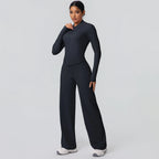 2pieces Quick Drying Sports Fitness Clothing Yoga Set Women Yoga Zipper Long Dleeves High Waisted Breathable Wide Leg Pants Set