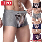 Men's Unique 3D Printed Wolf Eagle Head Flat Angle Pants Mid-waist Boxer Shorts Breathable Knitted Modal Fabric