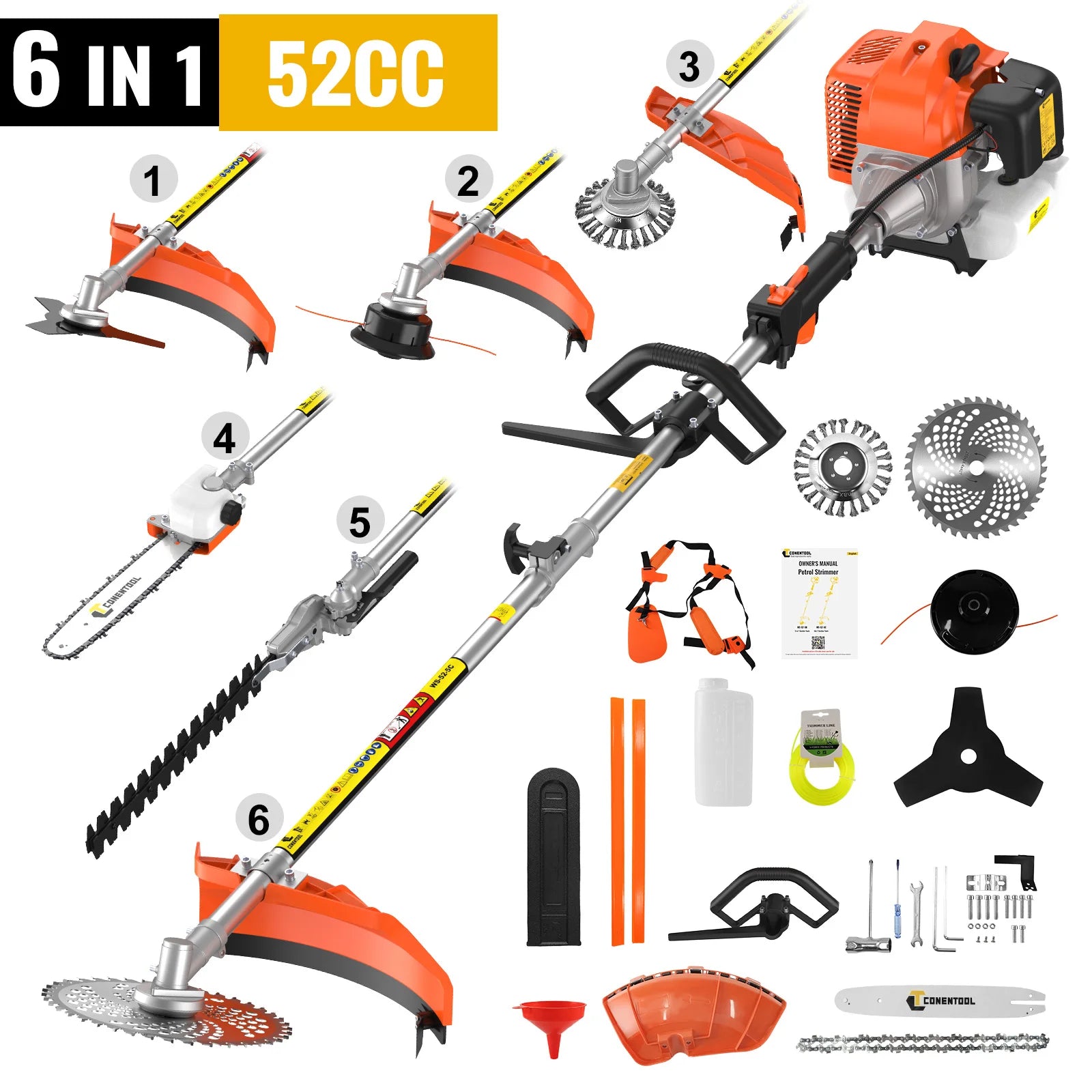 CONENTOOL 6in1 Petrol Brush Cutter 52cc 2 Stroke Gas Strimmer Multi-Functional Garden Grass Line Hedge Trimmer Tree Cutting Tool