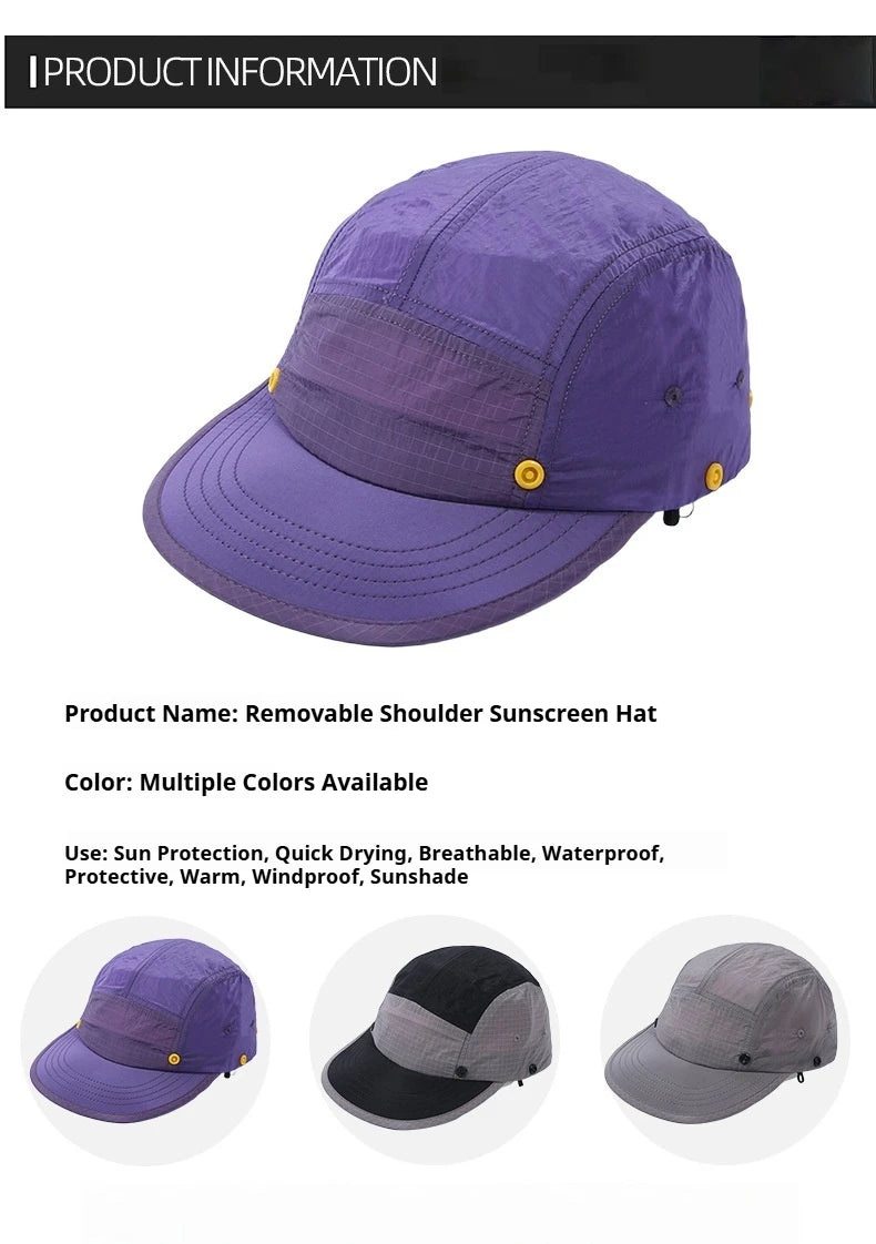 UPF50+ Sun Hat Detachable Neck Flap Quick Dry 5 Panel Camp Cap Outdoor Fishing Hiking Safari Hat Breathable Lightweight Unisex