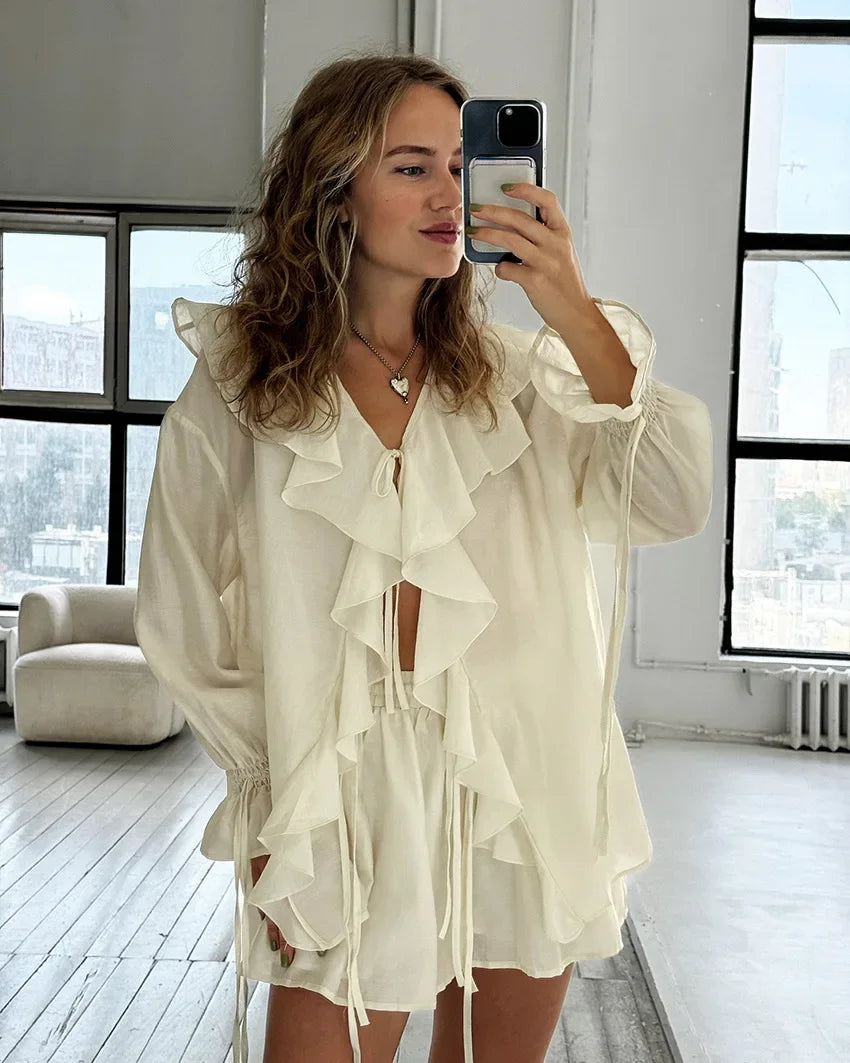 Casual Shorts Two-piece Set For Women Ruffled Loose Tie Top Simple Shorts Set OL Office Lady Summer Female Shorts Suit