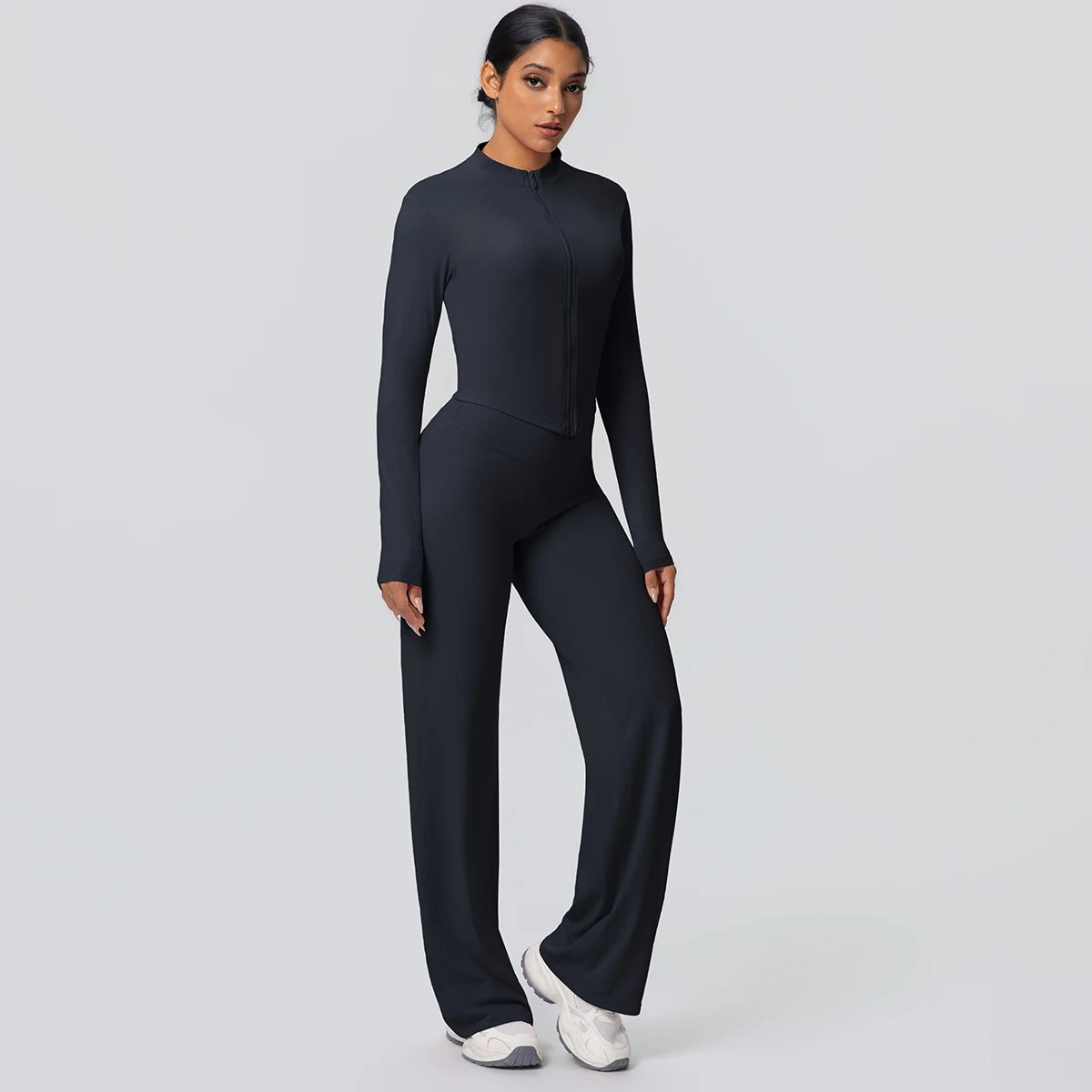 2pieces Quick Drying Sports Fitness Clothing Yoga Set Women Yoga Zipper Long Dleeves High Waisted Breathable Wide Leg Pants Set