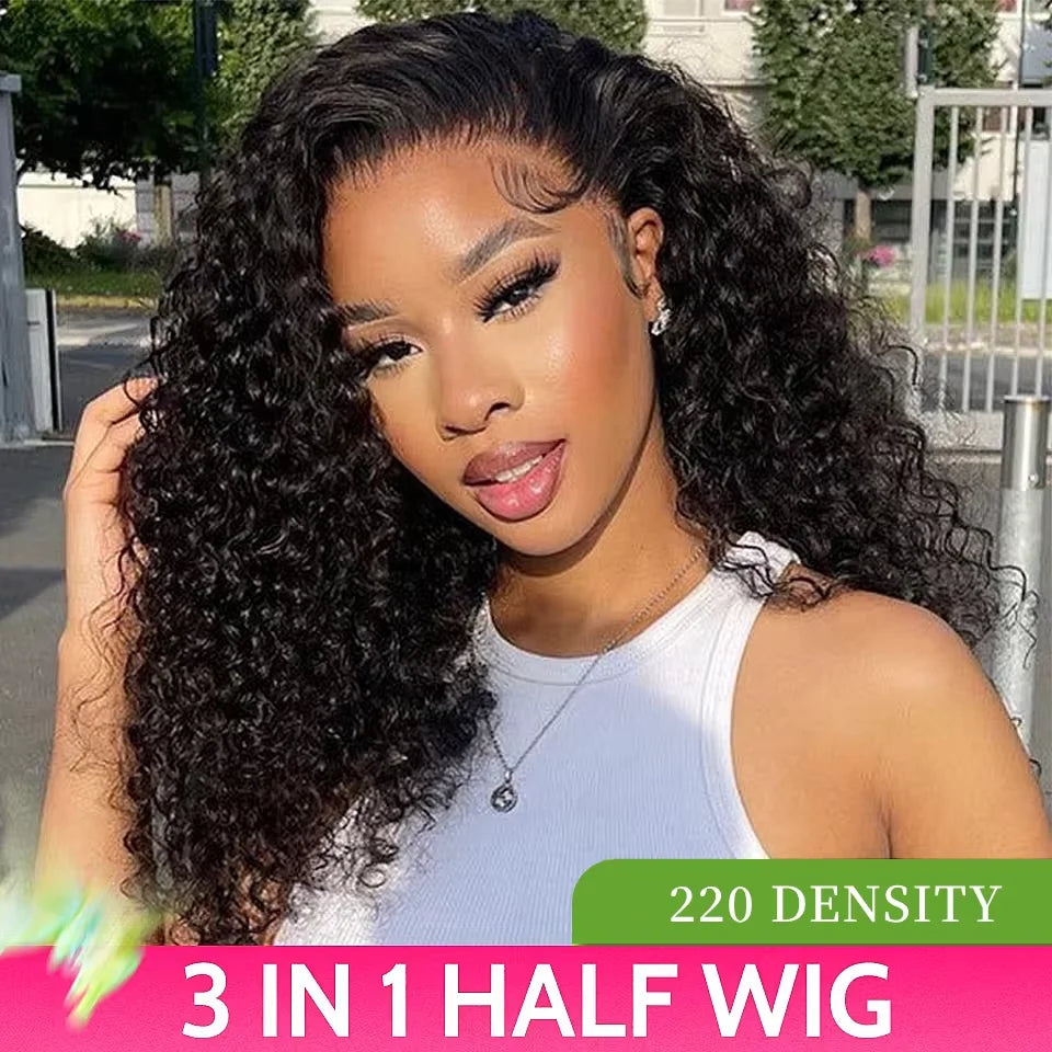 Half Wig Human Hair Wigs 200% Half Wig Kinky Curly Human Hair Wigs 3 In 1 Invisible Hairline Wear Go With Drawstring Seamless Main image