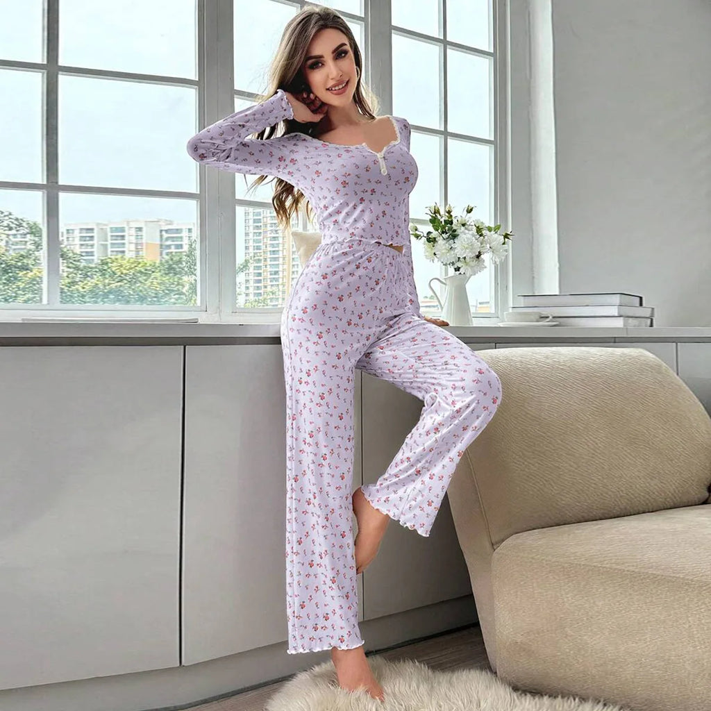 Women's Pajama Set Lace Buttons Trims Sleepwear Slim Long-sleeved Trousers Floral Print Stylish sexy Loungewear Nightwear Pyjama