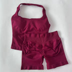 No Logo 2 Pieces Sports Set Women Backless Tank Tops High Waist Scrunch Seamless Shorts Gym Set Sportswear Workout Set Yoga
