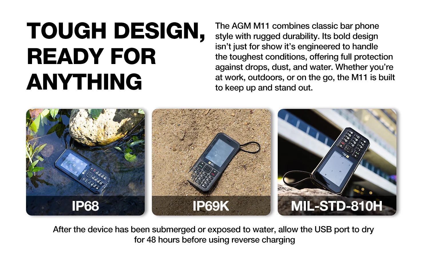 AGM M11 4G Rugged Phone IP68 Waterproof 4000mAh Removable Battery Wi-Fi Hotspot Reverse Charging FM Radio for Outdoor