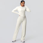 2pieces Quick Drying Sports Fitness Clothing Yoga Set Women Yoga Zipper Long Dleeves High Waisted Breathable Wide Leg Pants Set