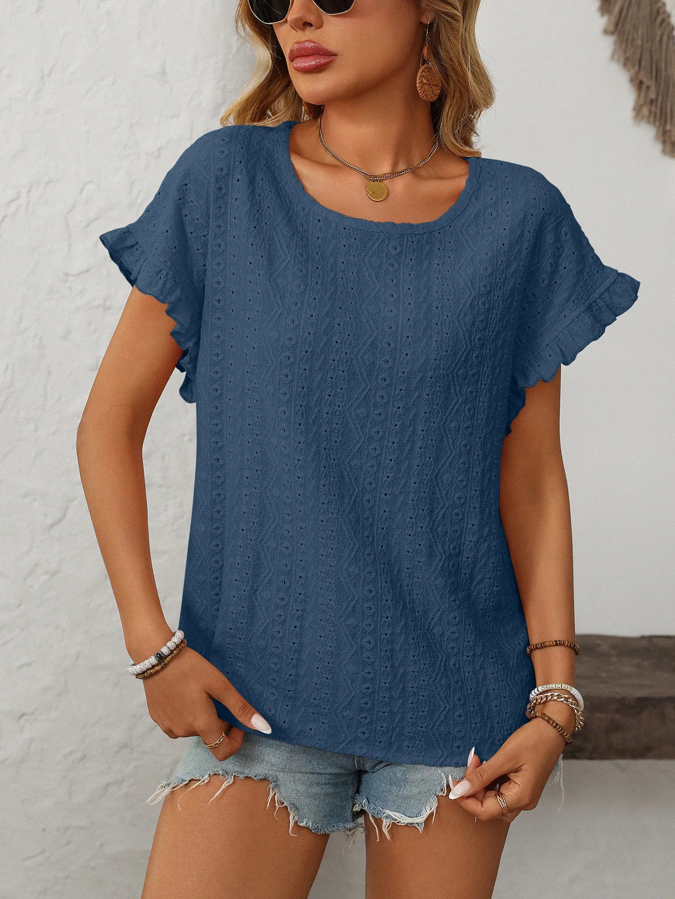 Solid Casual Loose Blouses For Women Fashion 2025 Summer Women's Hollow Short Sleeve Shirts And Blouses Elegant Female Blue Tops
