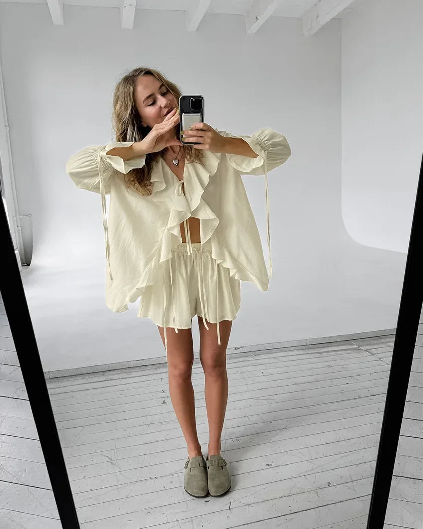 Casual Shorts Two-piece Set For Women Ruffled Loose Tie Top Simple Shorts Set OL Office Lady Summer Female Shorts Suit