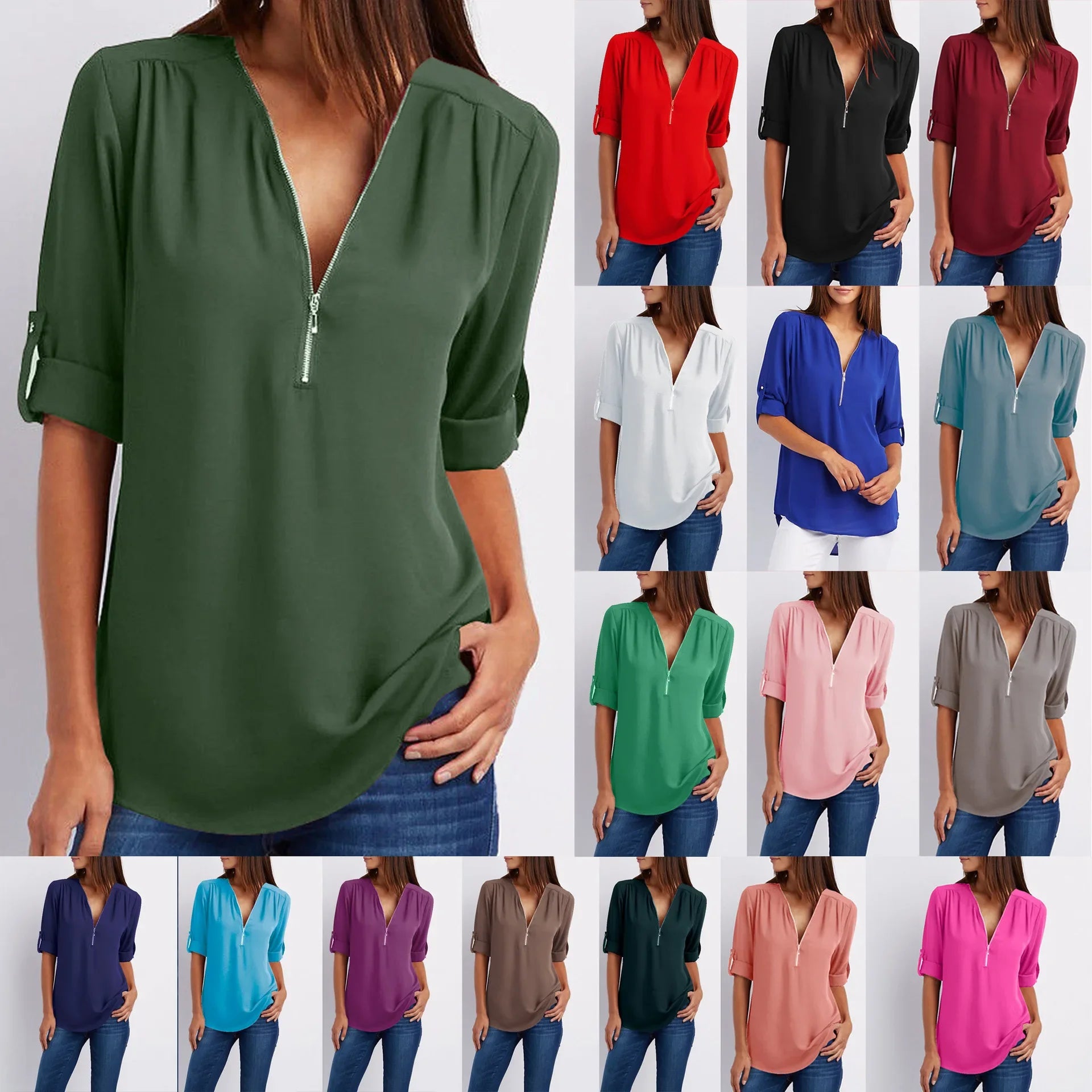 2024 Quality HotSale Plus Size Deep V Neck Women Blouse Chiffon Cool Loose Shirt Fashion Casual Ladies Tops Sexy Zipper Pullover Main image