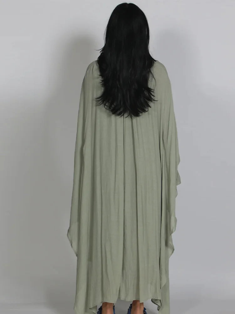 Maxi Dress Women's Dresses Batwing Sleeve Beige Ruffle Tie Neck Pleated Oversized Woman Clothes Casual Wear Summer Outfit