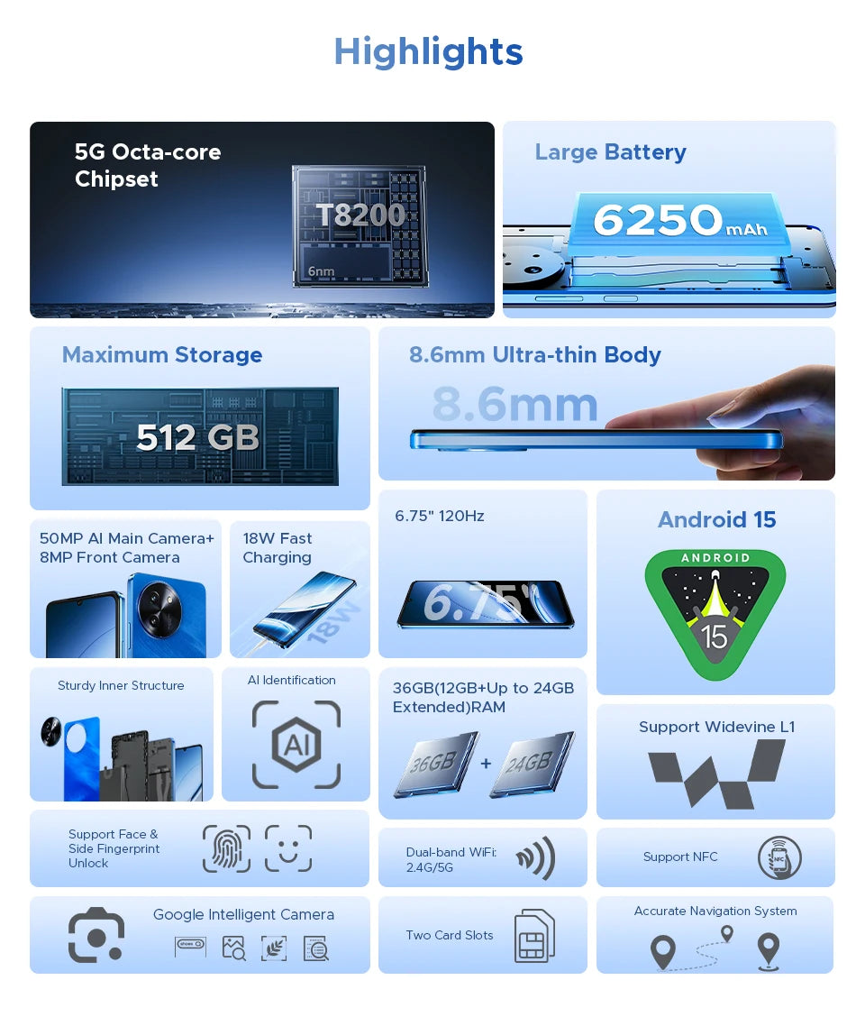 Global Version DOOGEE Note59 Pro+ 5G Smart phone Android 15 6250mAh Battery 6.75'' 120Hz Screen 12GB 512GB AI Camera Cell Phone