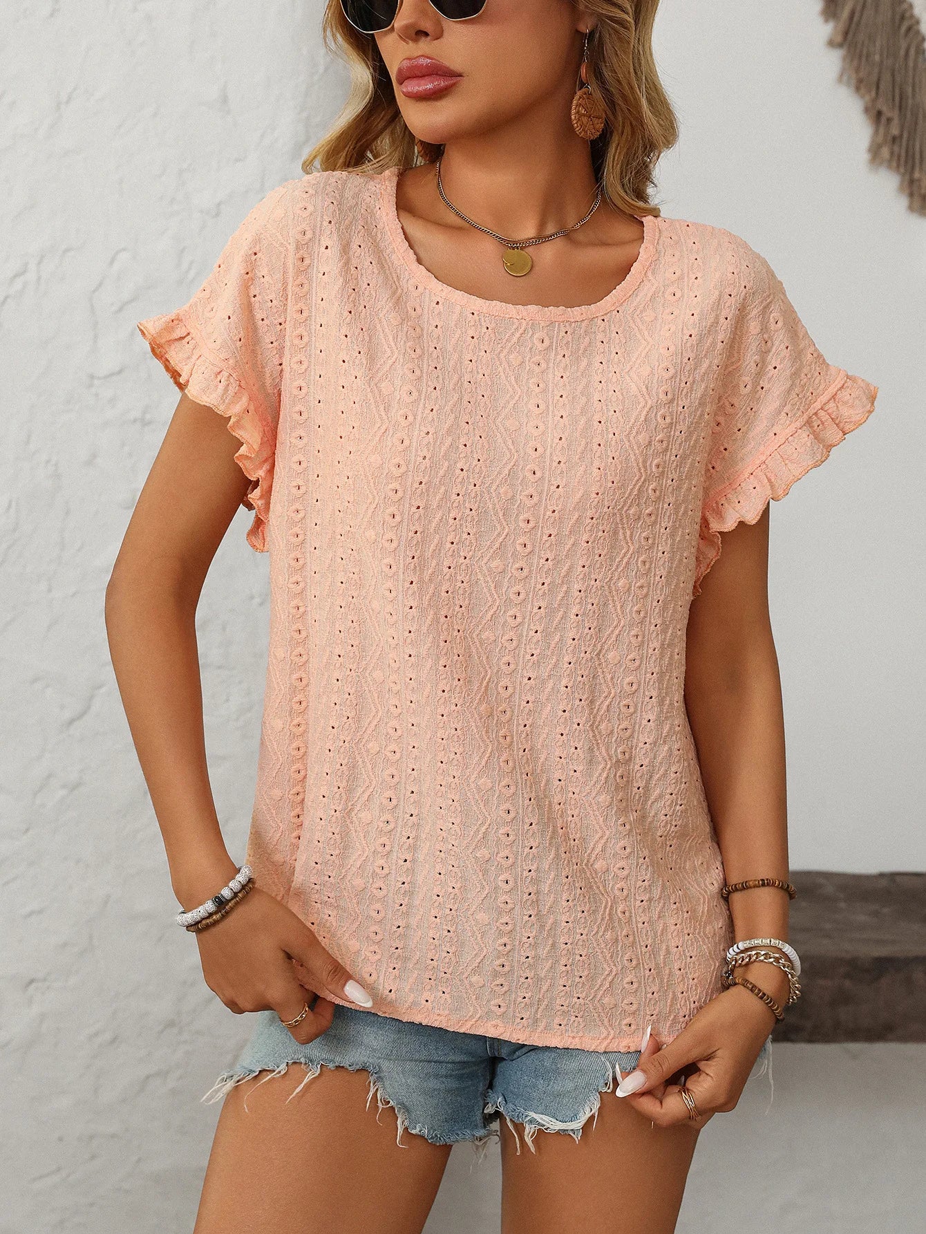 Solid Casual Loose Blouses For Women Fashion 2025 Summer Women's Hollow Short Sleeve Shirts And Blouses Elegant Female Blue Tops