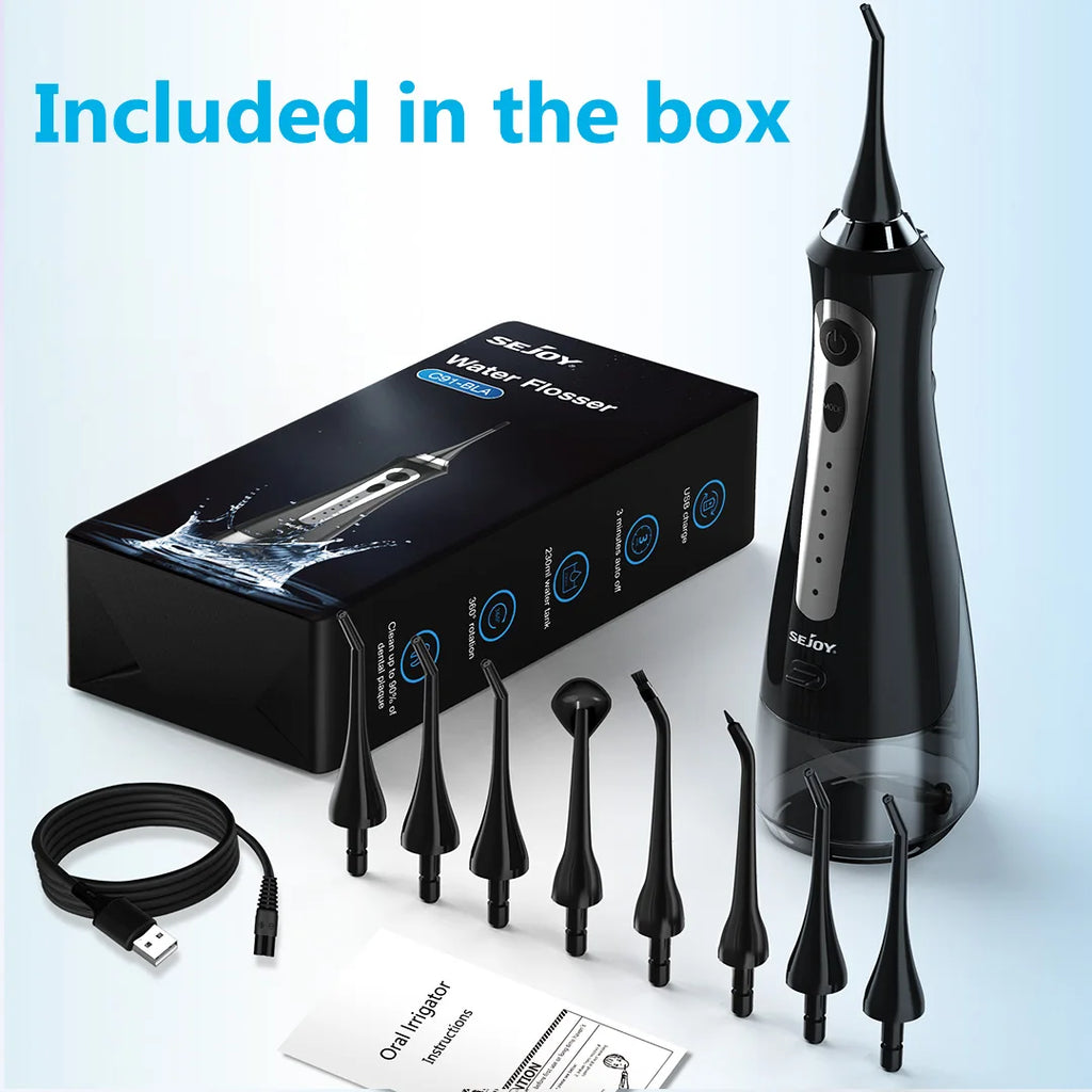 SEJOY Water Flosser Irrigator Dental Teeth Whitening strips Portable 230ML Tank 5 Modes 8 Jet Tips Washing Machine for Home