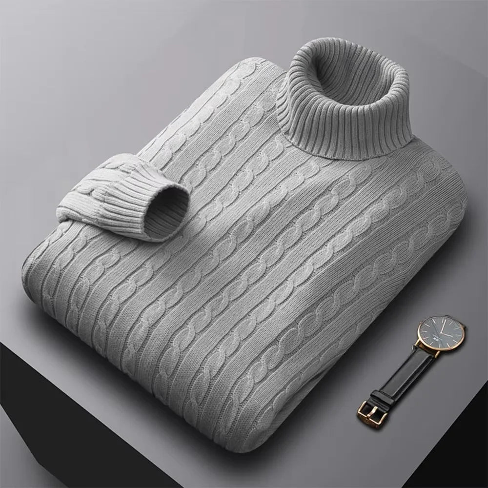 Autumn New Men's Turtleneck Jacquard Sweater Solid Color Knitted Pullover Casual Warmth High Elastic Versatile Male Sweatwear