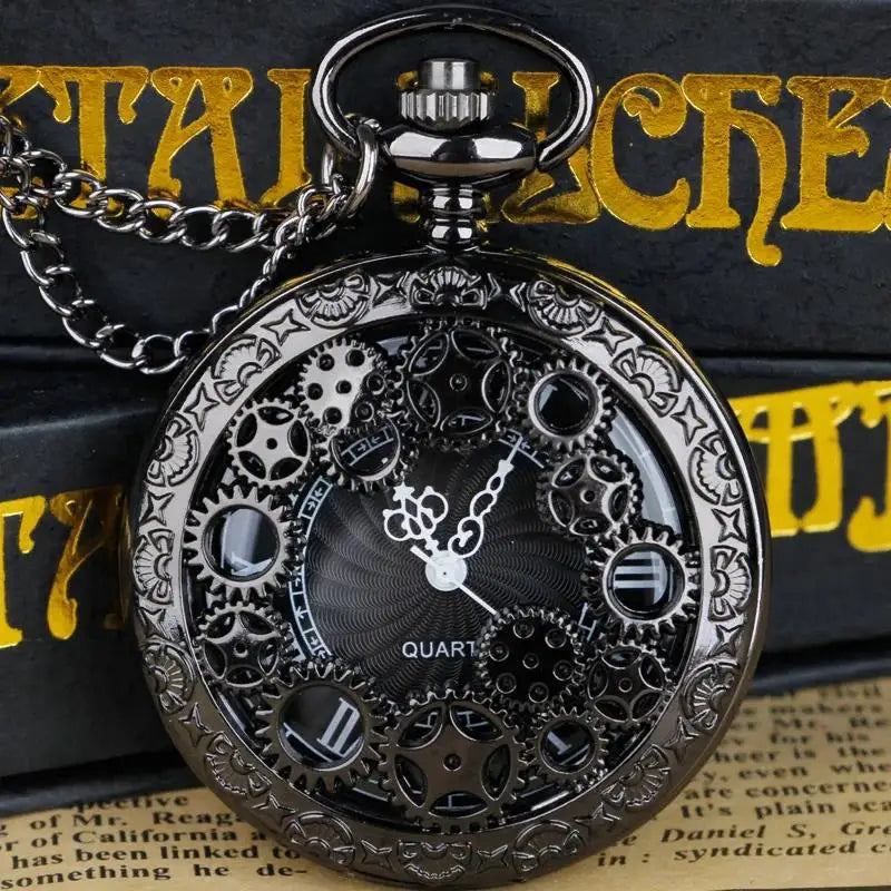 1pc Black Retro Hollow Gear Carved Quartz Pocket Watch Necklace Pendant Clock Chain Men Women Memorial Gift