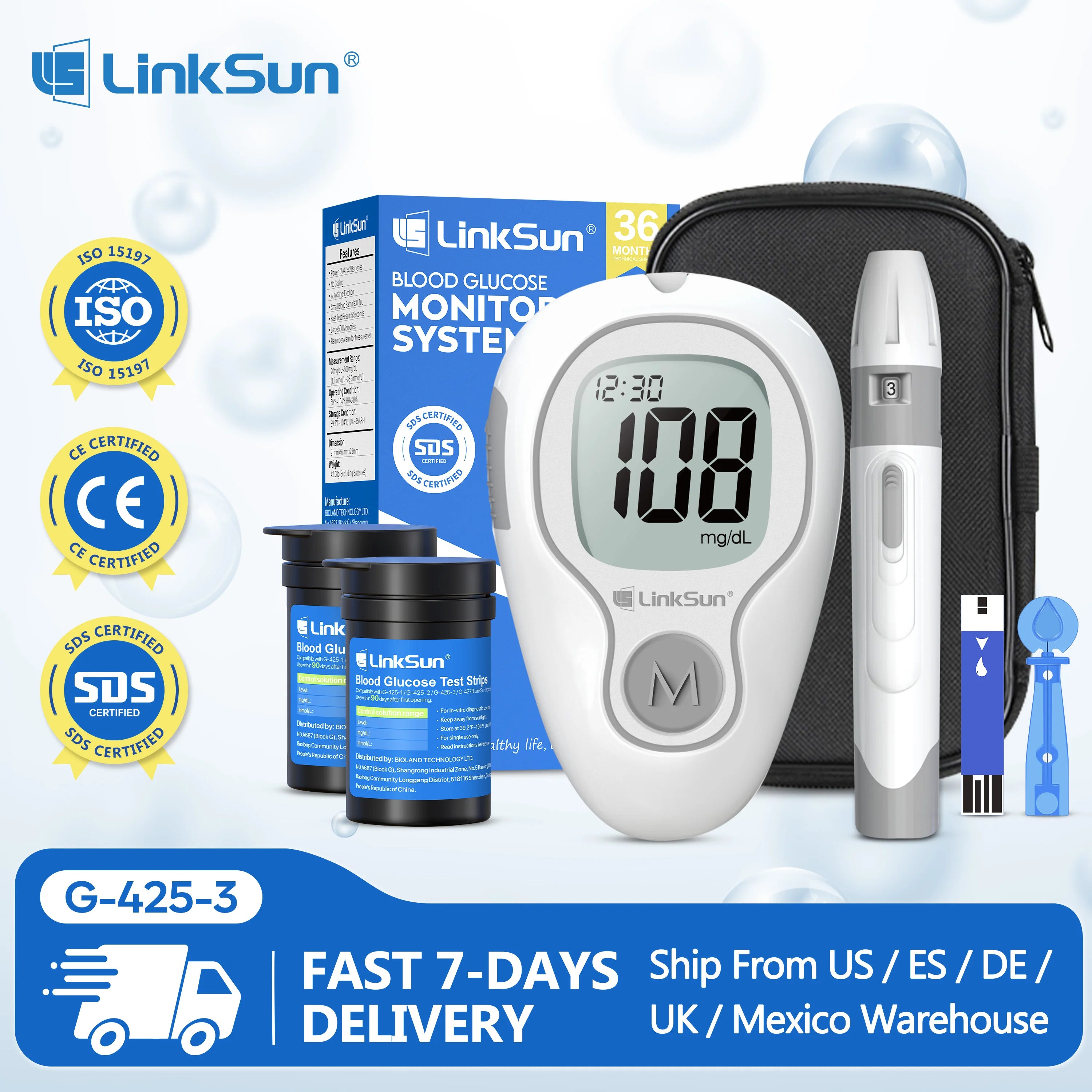 LinkSun Blood Glucose Meter G-425-3 Glucometer No Code for Diabetes Test 10/50/100pcs Strips Lancets Medical Blood Sugar mg/mmol Main image