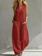 Jumpsuits women 2026 rompers Double-pocket casual linen cotton sleeveless long jumpsuits women's clothing