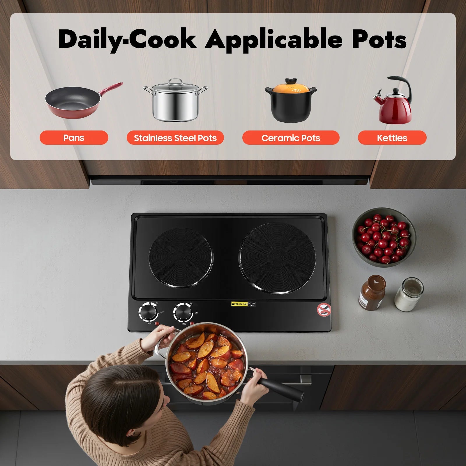 2500W Double-Burner Electric Stove Electric Hob Cooker with 2 Plate Adjustable Firepower 220-240V for Cooking Food