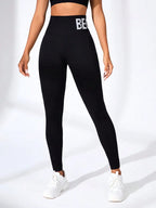 European and American Seamless Yoga Leggings with Waistband Lettering, Butt-Lifting, Quick-Dry Women's Breathable Tights for Pea