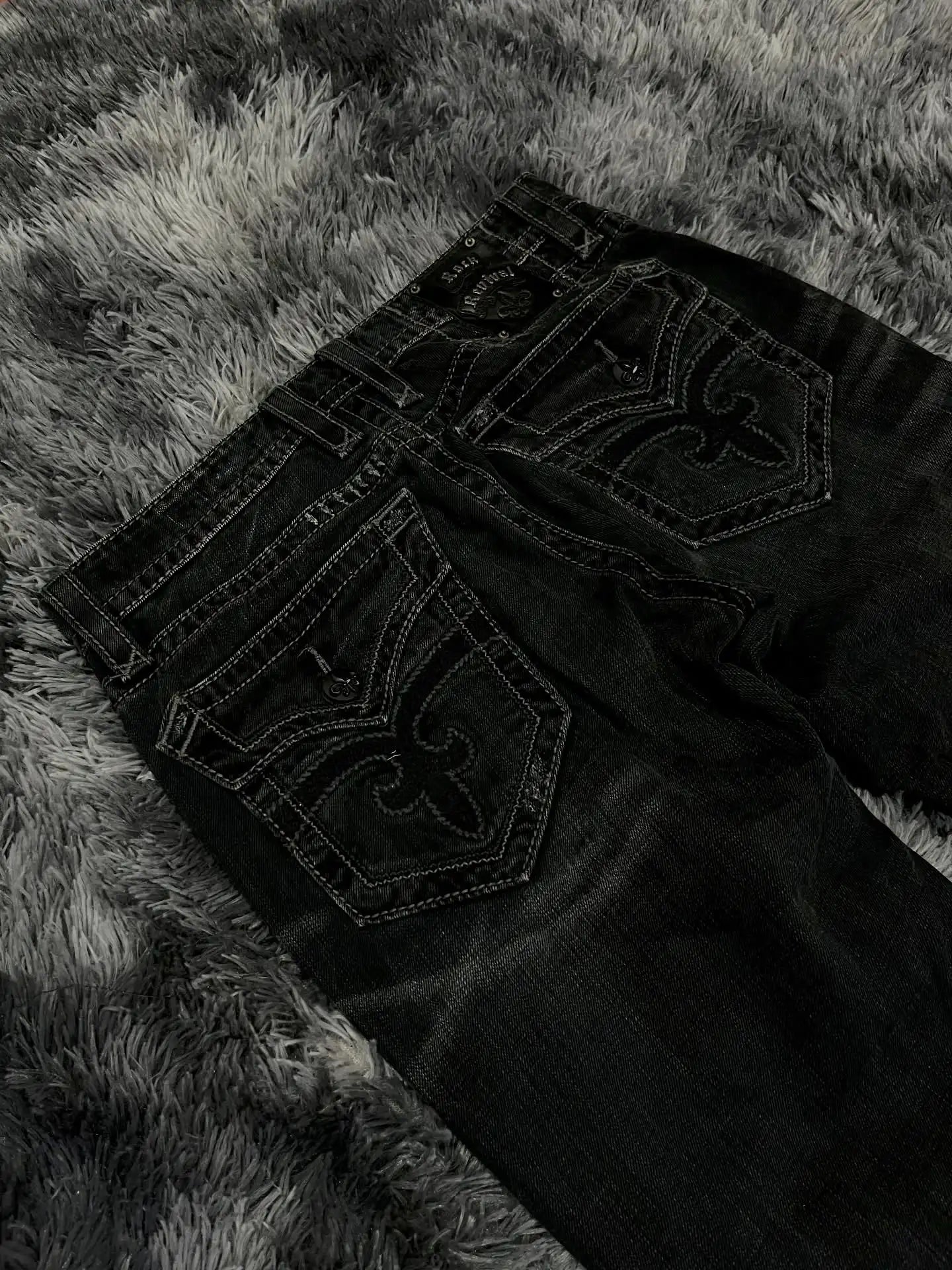 Y2K Black Washed Embroidered High-waisted Oversized Jeans Men European and American Retro Classic Loose Wide-leg Straight Pants