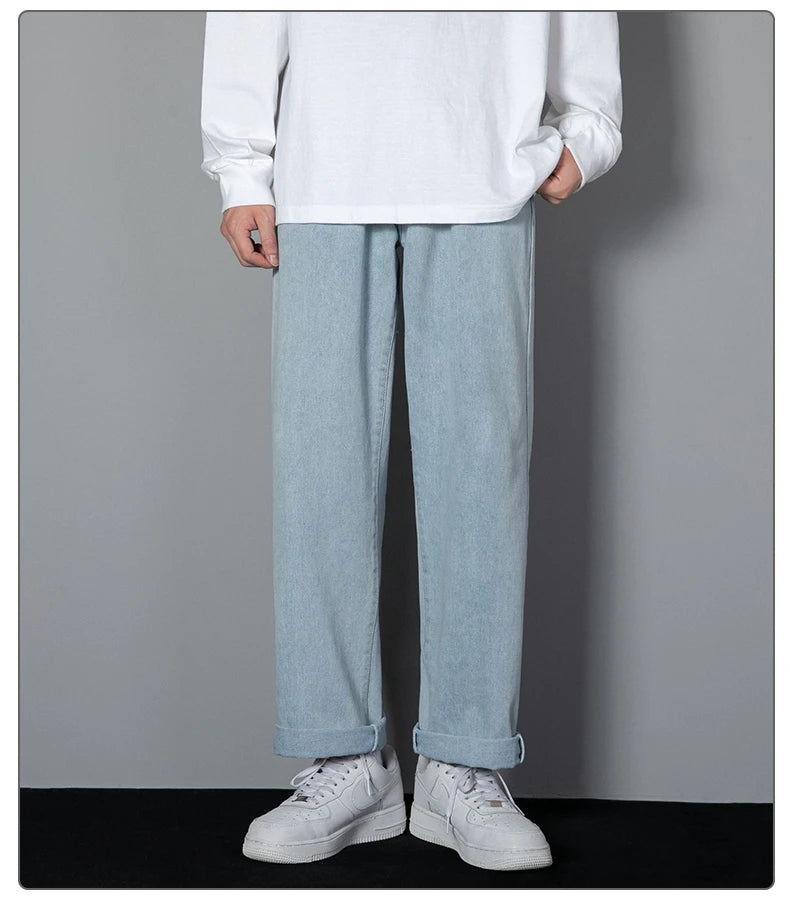 2026 New Korean Men's Casual Long Jeans Classic Man Straight Denim Wide-leg Pants Solid Color Light Blue Grey Black