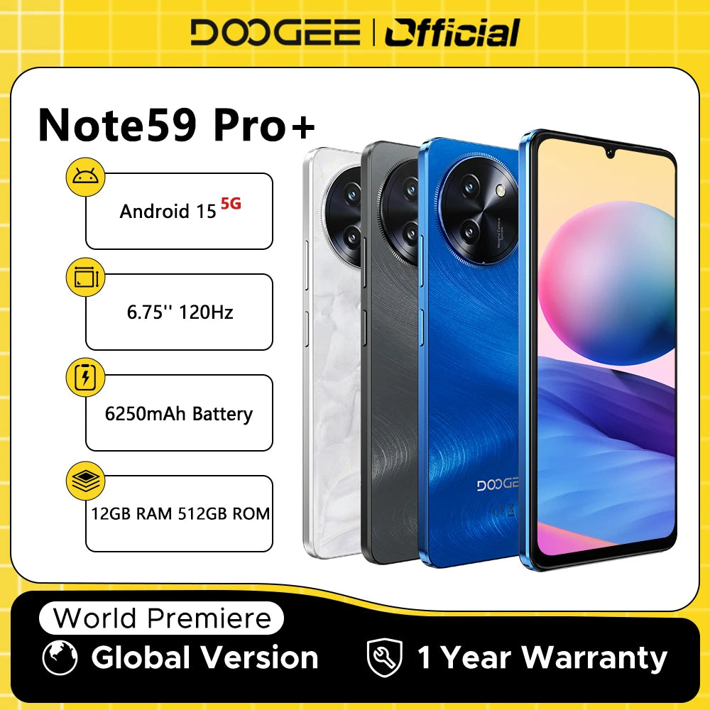 Global Version DOOGEE Note59 Pro+ 5G Smart phone Android 15 6250mAh Battery 6.75'' 120Hz Screen 12GB 512GB AI Camera Cell Phone