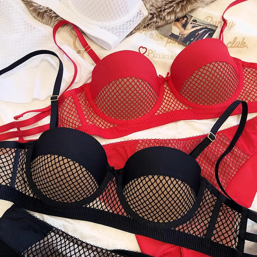 Mesh Lace Underwear Ladies Sexy Small Chest Push Up Lingerie For Women Bra Sets Red White Wedding Girls Thicken Intimates BCD