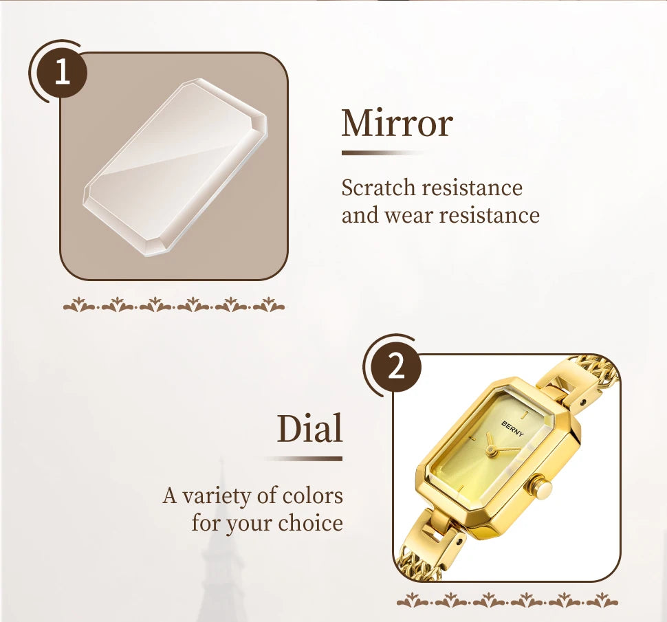 BERNY Square Women Wristwatch Luxury Fashion Quartz watches Minimalist Rectangle Mini Dial Stainless Steel Jewelry Women's Watch