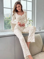 Women's Pajama Set Lace Buttons Trims Sleepwear Slim Long-sleeved Trousers Floral Print Stylish sexy Loungewear Nightwear Pyjama