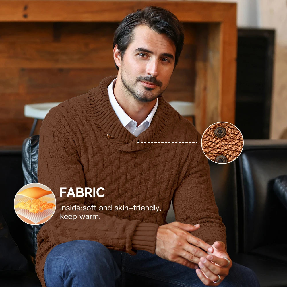 Men's Sweater Spring Shawl Collar Pullover Solid Color Sweater Casual Cable Knit Button-Up Pullover High Quality Tops US Size