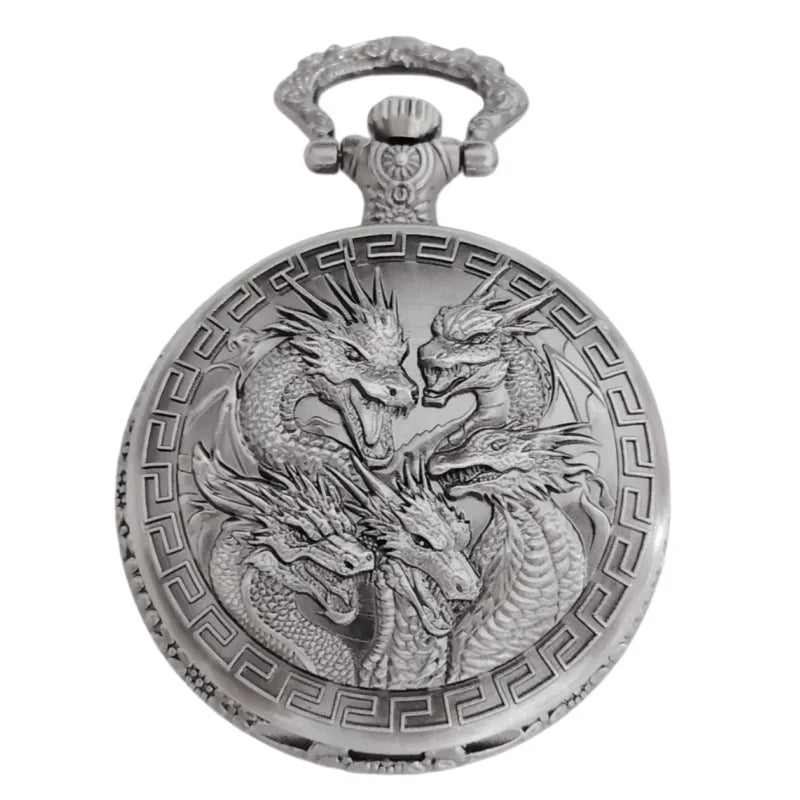 Vintage steampunk handsome dragon group carved quartz pocket watch necklace pendant clock chain men's and women's gifts Image principale du produit