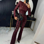 Women's Elegant Office Straight Pants Playsuit Sexy O Neck Lace Slim Club Jumpsuit Autumn Casual Long Sleeved High Waist Romper