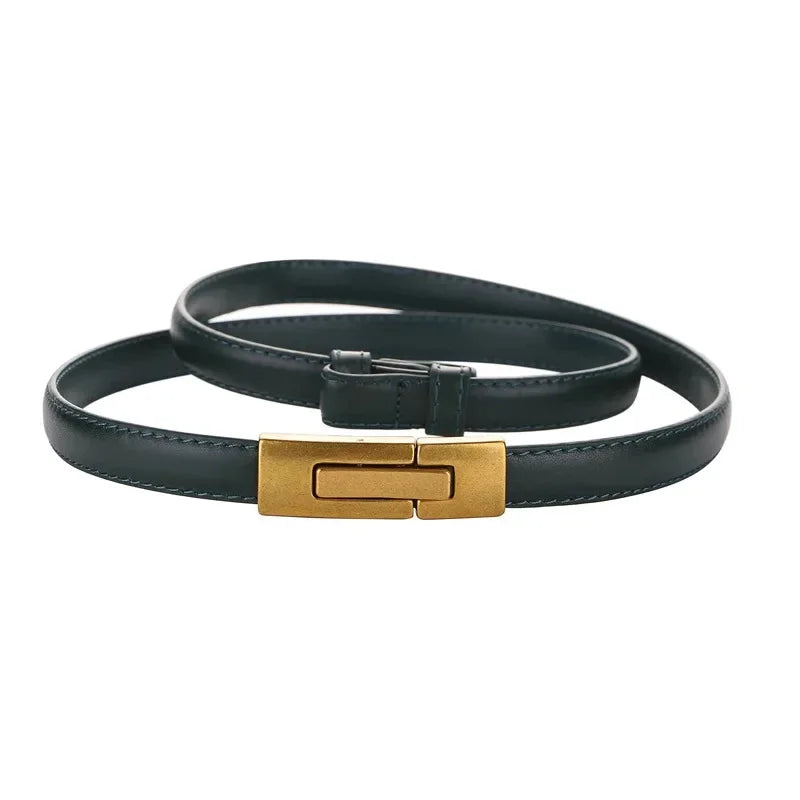 Adjustable Women’s Skinny Thin Belt, Classic Solid Color Genuine Leather Waistband for Trendy Coats and Dresses