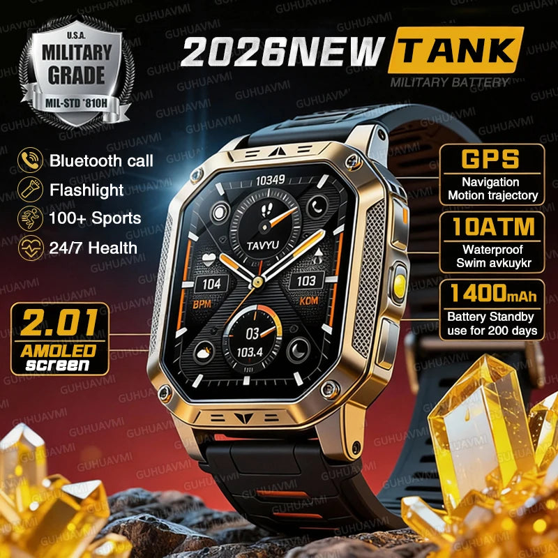 2026 TANK New 1400mAh Military GPS Smart Watch Men 2.01" AMOLED Screen 10ATM Waterproof Clock SOS Call Flashlight Smartwatch iOS Main image
