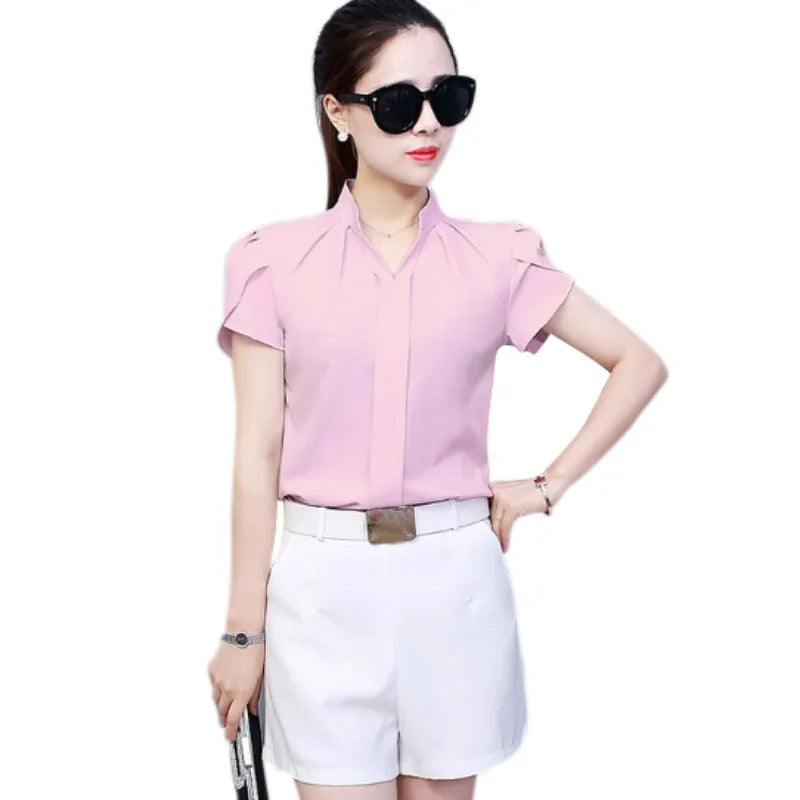 Women Casual Chiffon Shirt Summer Short Sleeve Elegant Blouse Female Formal Office Chiffon Tops Solid Color Loose Tops
