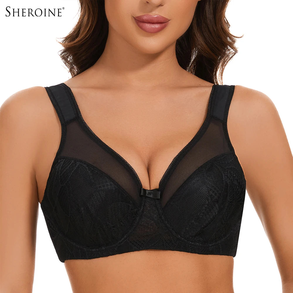 Sheroine Plus Size Women's Lace Floral Minimizer Bra, Underwire Full Coverage Unpadded Bras for Women Lifting Support Comfort Main image