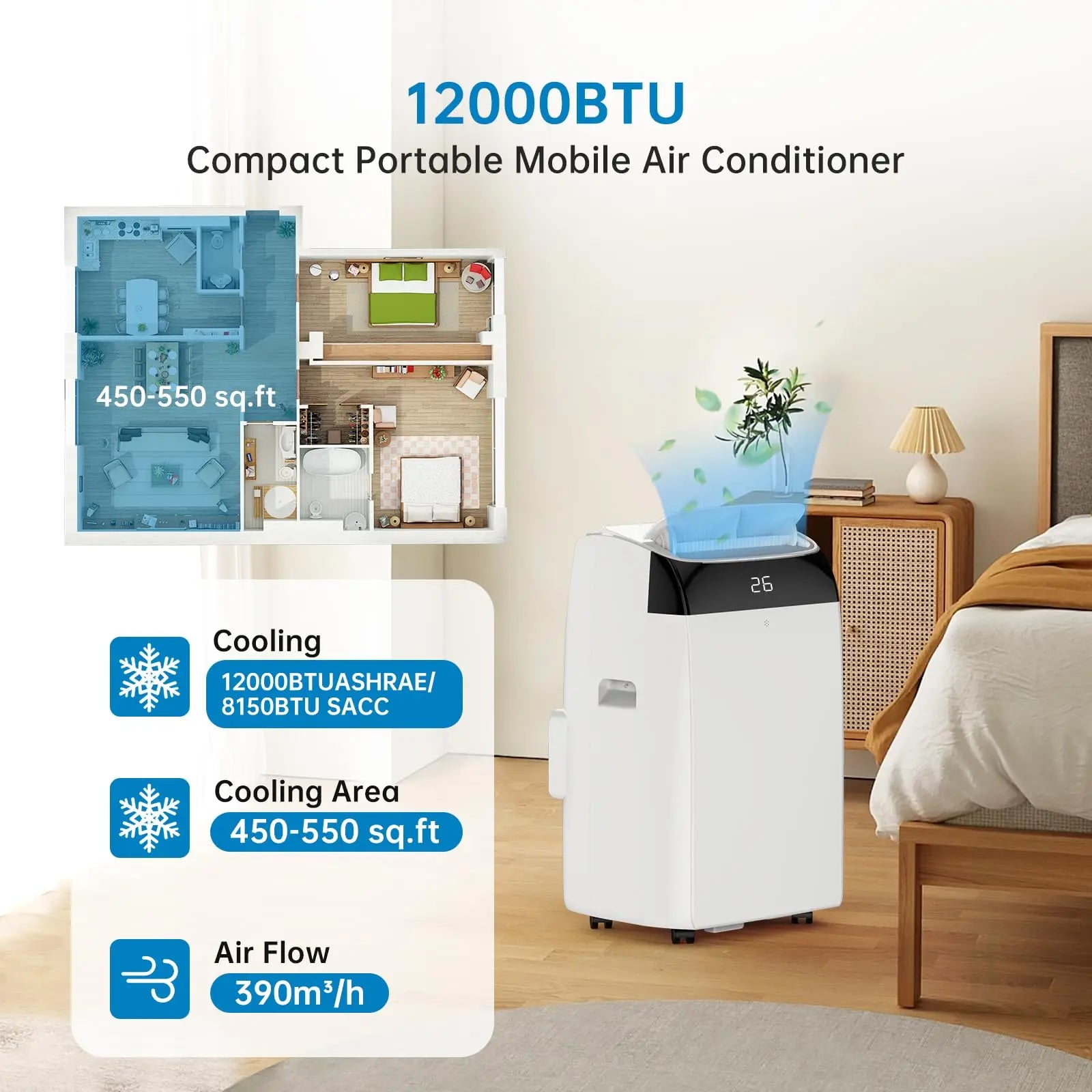 Portable Air Conditioner 12000 BTU, 4-In-1 Cooling Dehumidifier Fan & Auto Airflow, No Outdoor Unit, Quiet Operation, For Home Main image
