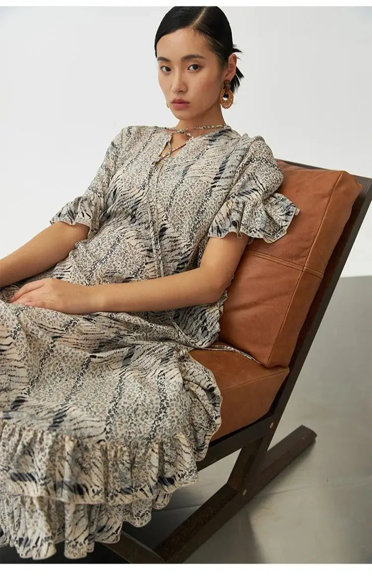 Animal Fiber Fabric~ Casual Dress for Women, Ruffled Silk Dress, Designer Niche Silk Long Dress, New Women's Fashion