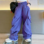 Cargo Pants for Teenage Kids New Summer Streetwear Hip Hop Sweatpants for Girls Baggy Wide Leg Straight Trousers 6 8 10 12 14 Y