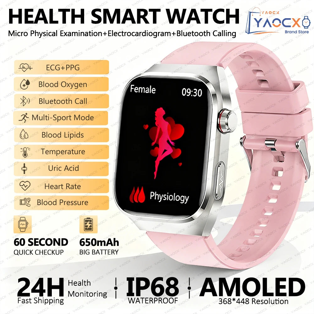 2026 New Nursing Grade Uric acid Blood lipids Smart Watch Men ECG+PPG Blood Pressure Heart Rate Bluetooth Call Health Smartwatch