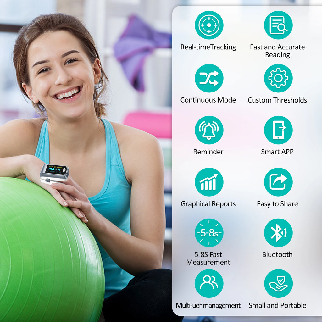 HealthTree Finger Pulse Oximeter Blood Oxygen Saturation SpO2 PI Oximetro De Dedo Pulsioximetro Oxymeter Bluetooth APP Control