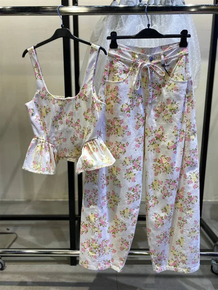 Elegant Floral Print Set Women Square Neck Sleeveless Ruffle Top Lace Up Floor Length Wide Leg Pants Sets Lady Casual Outfits
