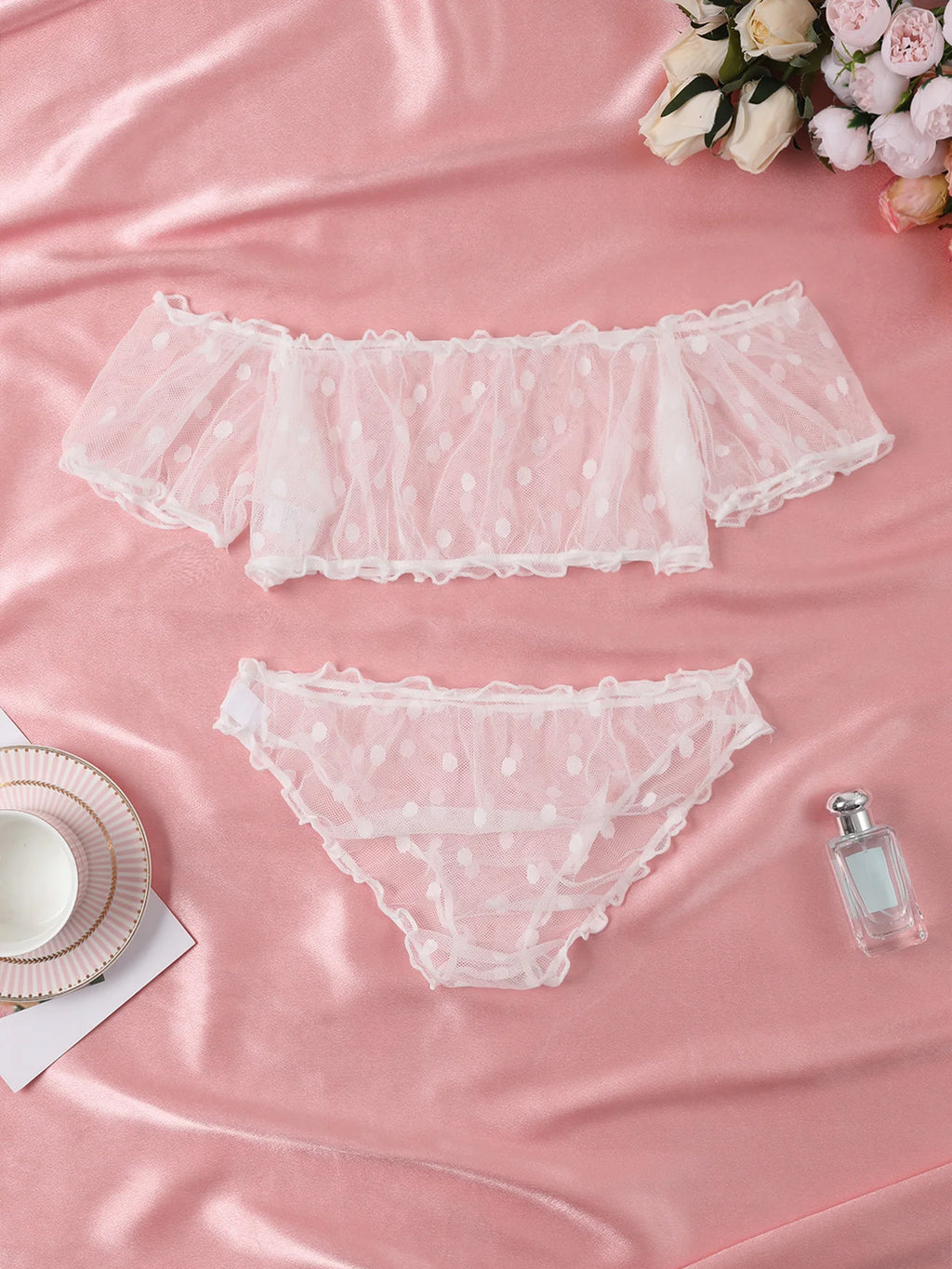Polka Dot Pattern Semi-sheer Design Lingerie Set Bustier Top And Panty Sets Women's Clothing