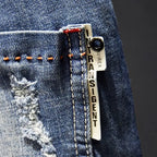 American Elastic Straight Jeans Men Ripped Worn-out Slim-fit Cotton Denim Pants Korean Style Fashion Blue Black Men's Clothing