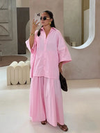 Women Solid Lapel Full Sleeves Pant Suits Chic Single Breasted Wide-leg Long Pants Sets 2026 Lady  Casual Daily Loose Fit Outfit